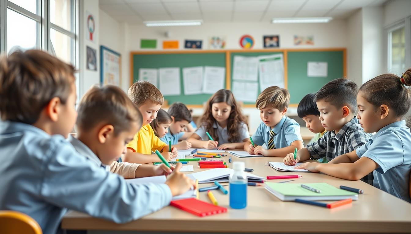 Students studying together in modern classroom